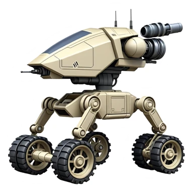 Star Wars jumping accurate 8-wheel armored canine sporty self-balancing massive mech trail vehicle shooting forward side-hill leaning actively robotically articulating hydraulic independent suspended pod gimbal enemy mech off-road racing rover with large fast engine RC basher crawler megatron  sticker