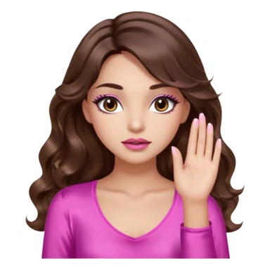 girl with long wavy brown hair, brown eyes, light to medium complexion, in a pink sexy top, pink lips, long lashes, silent motion with the hand sticker