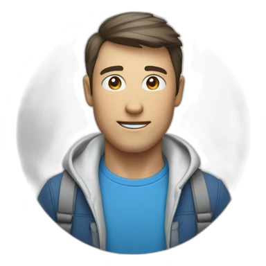 un homme portant un t-shirt bleu avec un logo blanc d’un T dans un cercle  sticker