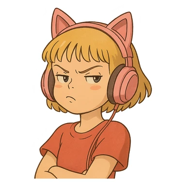 sassy blond girl with short bangs and pink kitty-ear headset sticker