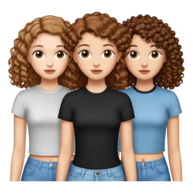 3 white girls, all of off this with brown hair but one whit straight one whit curly and one whit very curly(aesthetic)and chic clothes y2k, this girl have around 14 years, remember one girl does have straight hair  sticker