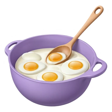 a lilac ceramic mixing bowl with a wooden spoon stirring and sitting next to it is a dozen eggs with the carton lid open sticker