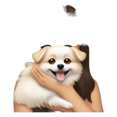 beige and white Pomeranian in the hands of a white young woman with dark brown hair smiling and cuddling the dog  sticker