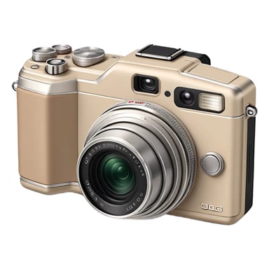 Minimalist beige Olympus Superzoom 70G camera, simplified clean design, basic rectangular shape with minimal details, just enough to identify as Olympus Superzoom 70G, flat style sticker