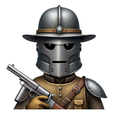 Cinematic Realistic Ned Kelly Portrait Emoji, depicted as the legendary Australian bushranger in his iconic homemade iron helmet and armor, gripping a revolver with a defiant stance. The scene is rendered with gritty textures and dramatic, shadowed lighting, evoking the lawless frontier and his rebellious, fearless legacy. sticker