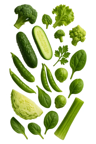 varie verdure verdi fluttuano in aria e cadono verticalmente, IPERREALISTICA 4K sticker