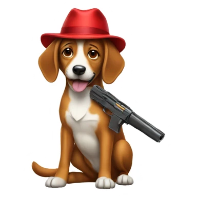 Dog with a gun wearing a red hat sticker