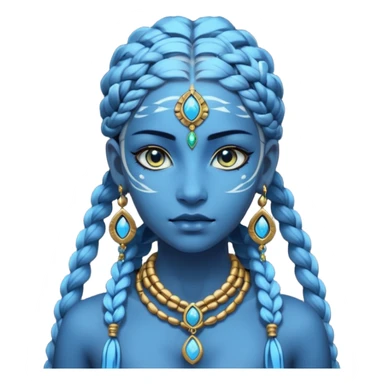 Illustrate a Pandora-style female avatar with radiant blue skin, intricate facial markings, twin braids flowing down, and deep luminous eyes. She wears golden earrings and a tribal rope necklace with a gem, her calm yet powerful gaze reflecting the spirit of the Na’vi. sticker