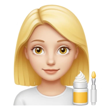Create a high-quality iPhone-style emoji of a white girl face, with a small amount of yellow eye cream clearly applied under both eyes, realistic shading, smooth gradient colors, rounded and cute 3D cartoon style, subtle smiling expression, simple white b sticker