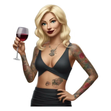 Blonde elegant women, her body covered with tattoos, wine in her one hand, pointing on myself with her other hand , Hyper realistic sticker