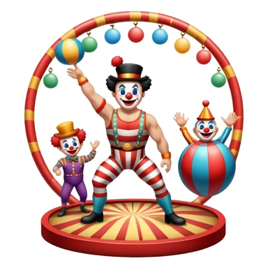 Icon for Circus Arts: a vibrant round circus arena with a strongman in a striped costume,  juggler and a clown performing. The icon should convey the excitement and fun of circus performances, with focus on the performers and the colorful setting. Transparent background. sticker