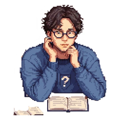 Flat pixel are, calm and curious male thinker, light skin, short tousled dark hair, round glasses, focused expression, wearing an indigo sweater, seated at a desk with open books and a floating question mark above his head, one hand resting under his chin in thought, waist-up, front-facing sticker