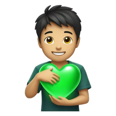 asian boy with a big glowing green heart in hand sticker