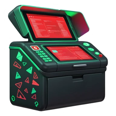 A sleek digital terminal with a holographic interface showing files being uploaded, data packets represented as trash icons, the screen glitching and exploding with red error symbols, tech dystopia vibes, neon greens and reds, circuit patterns in background --v 5 --ar 3:2 --style sci-fi --chaos 30 sticker
