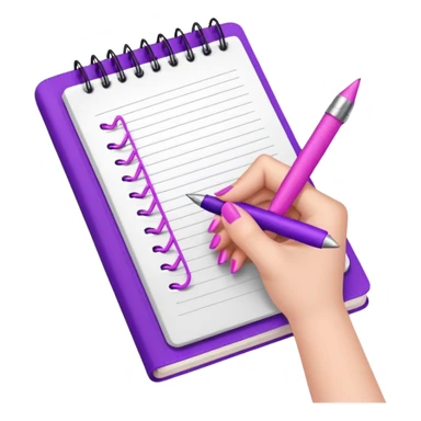 feminine hand with purple nails, pink pen, and open notebook sticker