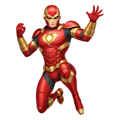 "A high-quality die-cut sticker of a tech-based armored superhero in a dynamic flying pose. Vibrant red and gold metallic plating, glowing circular chest piece, thick white border, flat vector art style, white background." sticker
