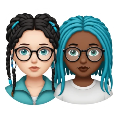 curvy fair skinned girl with teal eyes and black hair, a septum piercing, next to a brown skinned girl with blue dreads and and glasses   sticker