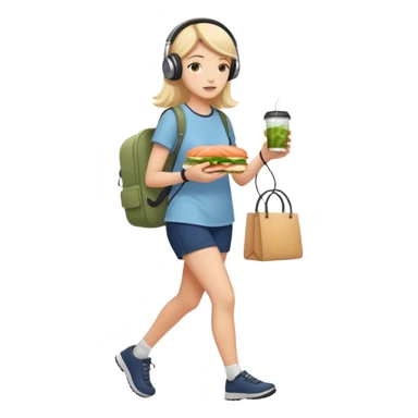 a young woman full length walks with headphones on with a salmon sandwich in one hand and herbal tea in the other hand sticker
