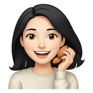 A woman with longer black hair, light to medium skin tone, full cheeks, and almond-shaped eyes, wearing a simple white sweater, joyful and radiant expression, cheerful, laughing. sticker