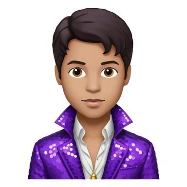 Prince Rogers Nelson with dark brown hair, purple sequin jacket, white shirt sticker