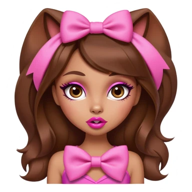 Bratz-inspired character with brown hair, pink bow, exaggerated big lips, and foxy eyes sticker
