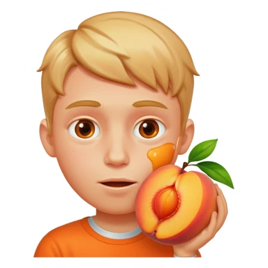 Boy with his face stuck in a juicy peach sticker