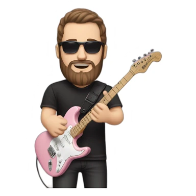white man with dark beard and black t shirt and pastel pink stratocaster electric guitar sticker