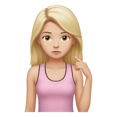 Create a young woman with long blonde hair, golden eyes, and medium-light skin tone, wearing a light pink tank top and leggings. She should be in portrait mode, but with a subtle doubting facial expression—slightly raised eyebrow, small frown, .  and her hand next to her chin likethinking face emoji sticker