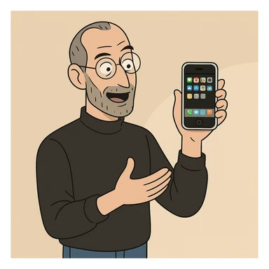 Steve Jobs presenting an iPhone with confident expression, modern illustration style sticker
