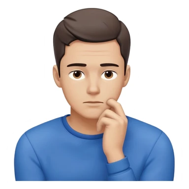 Close-up of a male character in blue clothing, with a thoughtful expression and hand resting on his chin, symbolizing deep thinking. Minimalist, modern style, focusing on facial expression and attire sticker