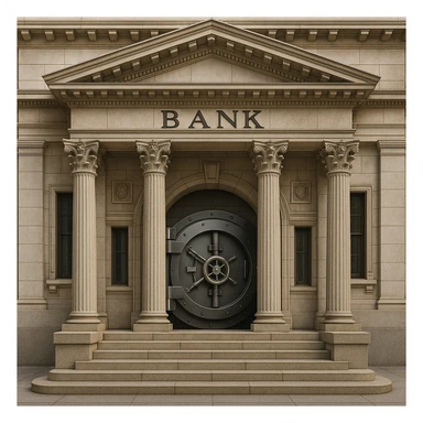 a bank building, classic style, stone columns, vault door, financial institution sticker