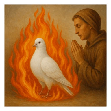 a white pigeon with fire and a person praying, visually balanced composition sticker