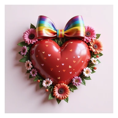 realistic heart with flowers, rainbow bow with heart pattern on the bow, photorealistic style sticker