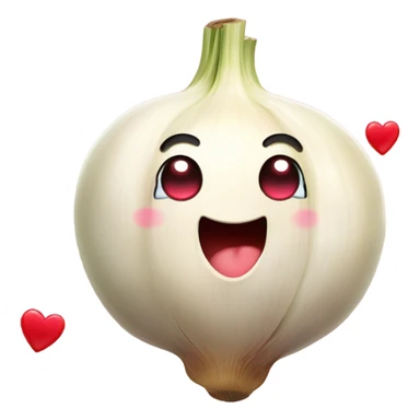 n emoji of a cute garlic clove and a smiling onion looking at each other with love. They have big, adorable eyes and rosy cheeks. Small red hearts float around them, and they appear to be blushing, creating a romantic and funny atmosphere. sticker