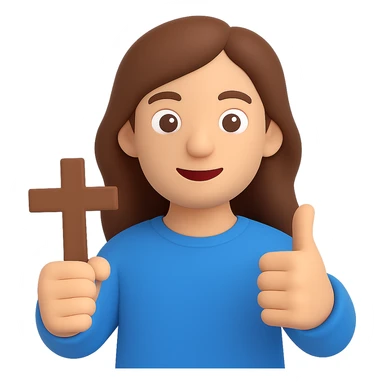 Make the person a boy with long brown hair, holding a cross and giving a thumbs up, in a 3D emoji style with no background. sticker