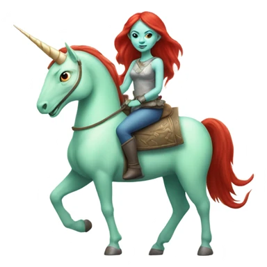 [politically incorrect
	{ woman: alien, color: light green, hair:red, eyes:cat} ]
	on a 
	[{ unicorn: white, legged:four, mane: light blue }] sticker