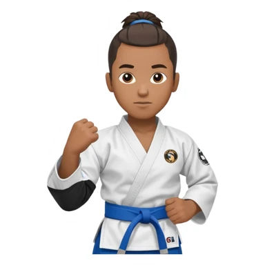 black karate instructor with ponytail and a low taper haircut, and a small fade on the sides with a blue belt and roger Gracie academy logo on the gi sticker