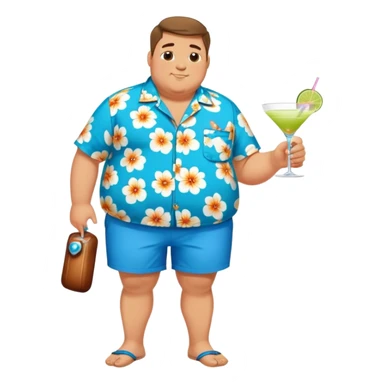 chubby guy full figure in a flowered azure havai shirt, brown shorts and flippers holding a cocktail sticker