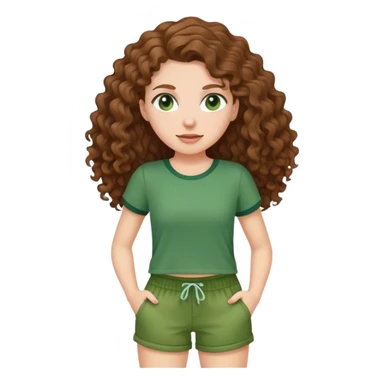white girl with long brown curly hair in green top and shorts holding back sticker