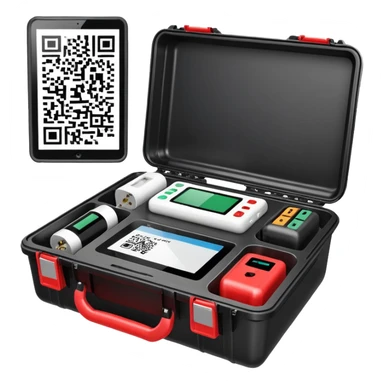 An open black hard-shell test case. inside: technical control handy, a power outlet, USB port, and colored test sockets. A large roll of white test labels with qrcode lies next to the equipment, along with one red test probe. sticker