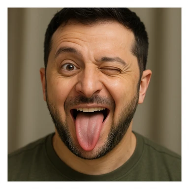 Vladimir Zelensky, photorealistic, emoji style, making a playful silly face sticker