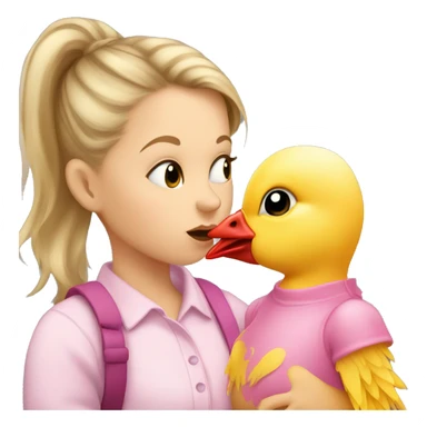 Small white girl with dirty blonde hair in a pony tail and pink shirt kissing a baby chicken  sticker