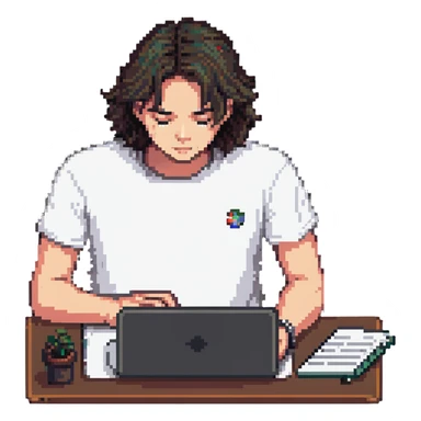 programmer in a white t-shirt, typing on a notebook sticker
