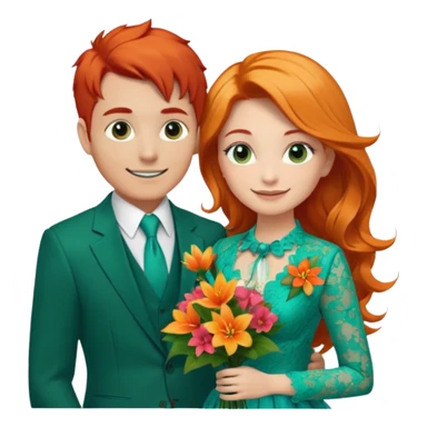  The man, with red hair, wears a dark green suit with a green tie and an orange boutonnière. The woman, with blonde hair, wears a turquoise ballgown with lace details and holds a colorful tropical bouquet. They smile at each other.  sticker