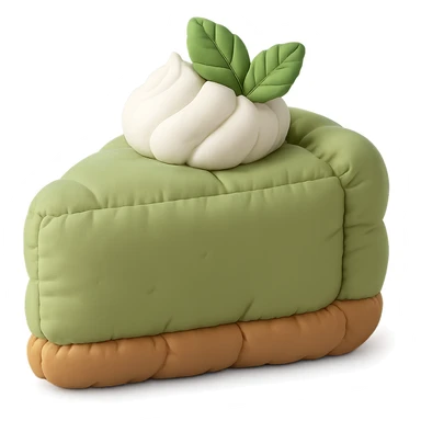 3D cushion style cheesecake slice, matcha green tea flavor, plush and soft, topped with whipped cream and a mint leaf sticker