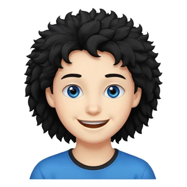 young face, blue eyes, black fluffy hair, smile sticker