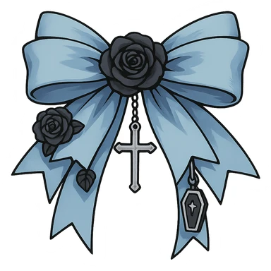 Create a pastel blue gothic bow with layered ribbons, cross pendant, black rose accents, and a tiny coffin charm. The image should have no background and be in a general style. sticker