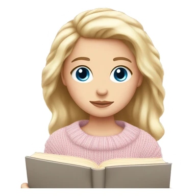 Pretty blue eyed white girl with light pink sweater reading cozy sticker
