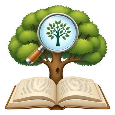 An icon featuring an open book, a speech bubble, and a linguistic tree, symbolizing philology and linguistics. The design includes alphabets, language symbols, and a magnifying glass, representing the study of language, structure, and meaning. Transparent background sticker