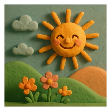 a smiling sun with rays, claymation style sticker